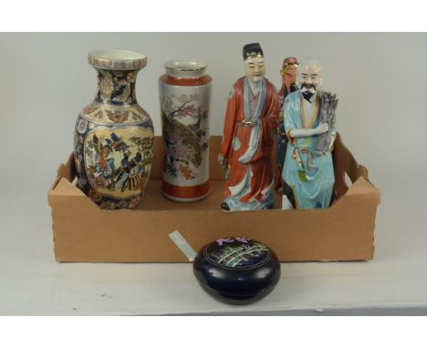 Three Oriental ceramic figurines approx 37cm tall together with two vases and a lidded pot