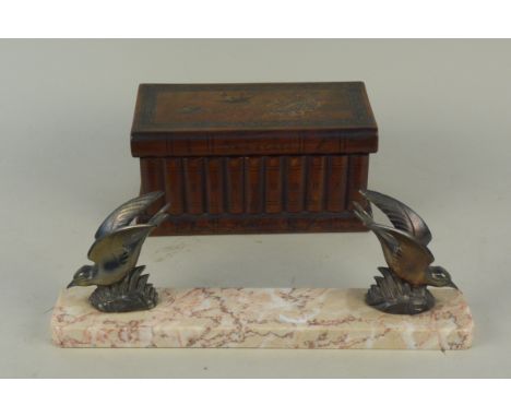 A vintage Italian Sorrento ware jewellery puzzle box decorated with birds and a lute on the top, puzzle drawer in base plus a