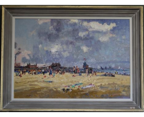 Geoffrey Chatten (b1938-) framed oil on panel of a summer beach scene at Gorleston with Punch and Judy with the pavilion in t