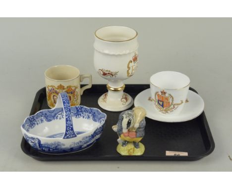 A Royal Albert Beatrix Potter 'Tommy Brock', an Italian Spode sweet basket plus three items of Royal commemorative ware