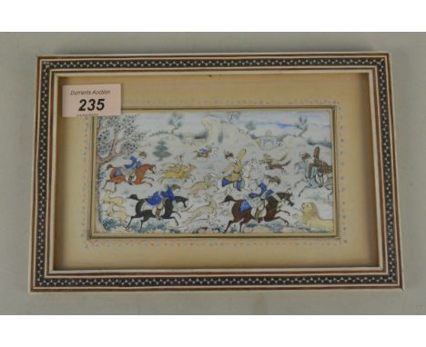 An early 20th Century framed Persian hand painted miniature on mica of a Mughal hunting scene, 8cm x 15cm