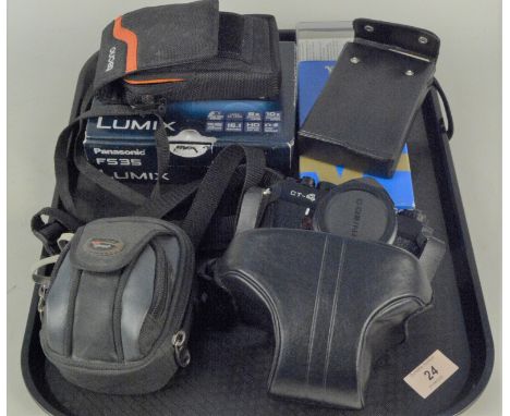 A vintage Lumix FS35 digital camera, a pocket Voigtlander 100EL, a Nikon Coolpix 3200 plus a Cosina CT-4 camera