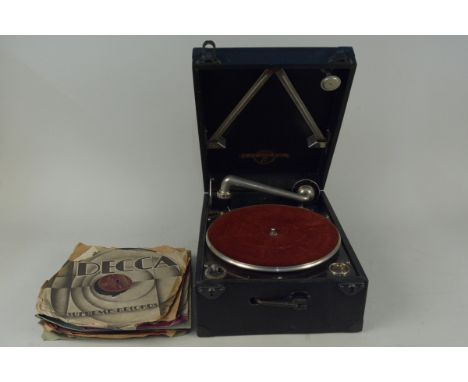 A Columbia Viva Tonal Grafonola wind up gramophone with selection of 78RPM records, turntable winds and plays 