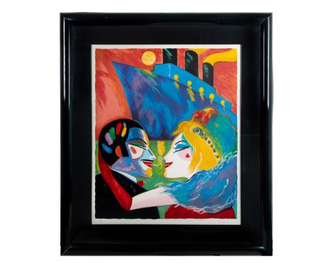 Love on a Boat is a large colorful serigraph on vellum paper by American artist Earl Linderman who depicts an exuberant coupl