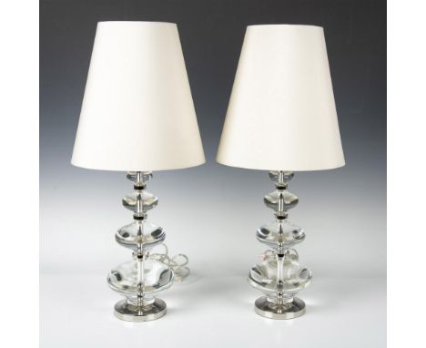 A gorgeous pair of leaded crystal and nickel designer lamps with tapered cotton lampshades. &nbsp; The Claridge collection de
