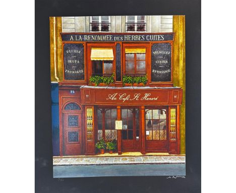 Serigraph titled Cafe St. Honore Signed lower right numbered 15/200 Sight size 23" x 26.5"Condition: Age related wear.