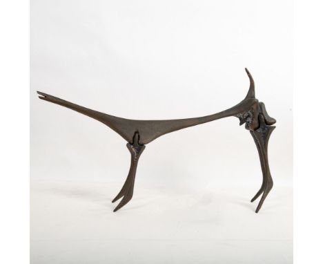 Outstanding original bronze sculpture made in a Brutalist style by Israeli artist Aharon Bezalel of a skeletal shaped dog tha