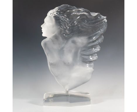 A beautiful art piece of a nude woman in the frosted form with clear long flowing hair. Artist signed and numbered edition on