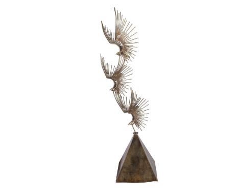 Striking mid-century bronze and copper floor sculpture entitled Birds in Flight by the Curtis Jere partnership of Curtis Frei
