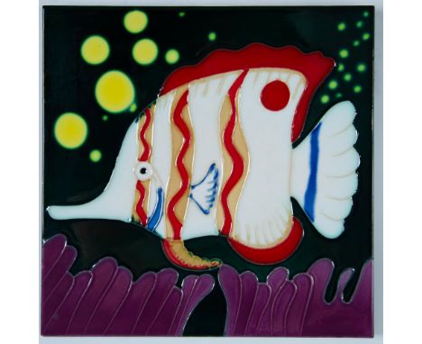 Colorful large hand-painted decorative wall art ceramic tile of a tropical Butterflyfish that swims by a bed of coral and bri