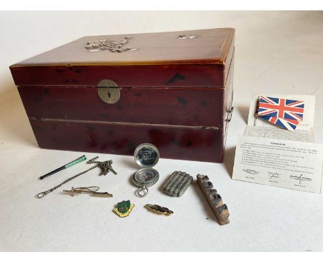 Oriental lacquered box and contents to include compass and vesta etc.Dimensions: W 39.5cm x H 19 cm x D 27cm.