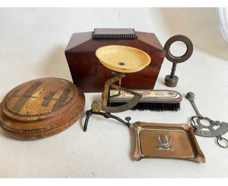 A Victorian tea caddy and other treen and metal items