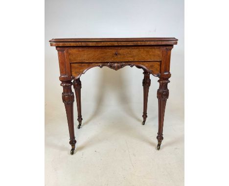 A walnut card table with leather insert to top 75cm h x 47cm d x 73cm w extending to 95cm