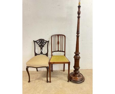 An early 20th century oak standard lamp and two side chairs.