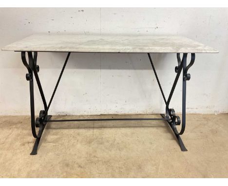 A marble topped console table with metal base table, height 76cm, width, 122cm, depth 53cm.Dimensions: W 122cm x D 53cm H X 7