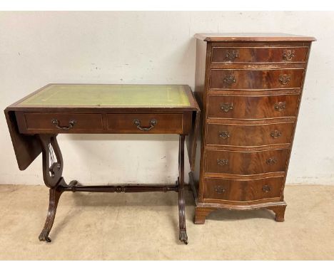 A serpentine fronted chest of drawers, and a leather topped drop-end sofa table with two drawers, 104 x 53 x 41cm.