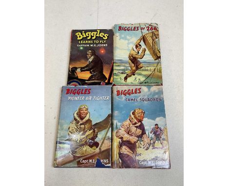 CAPTAIN WE JOHNS; four Biggles books, first editions with dust jackets, (one af).