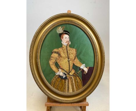 A Victorian fabric portrait depicting Robert Dudley, Earl of Leicester, embellished with a feather and lace trim,  50 x 40cm,