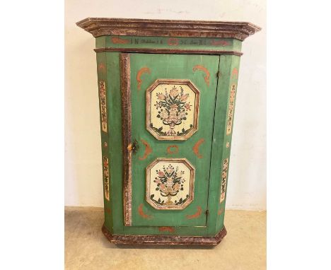 A 19th century Continental painted marriage cupboard with working key and lock with interior shelf and side shelf, height 177