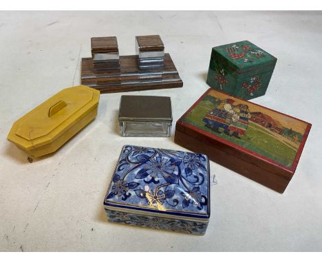 A 1930s Art Deco rosewood and chrome inkstandish, two wooden trinket boxes, a porcelain trinket box and two others
