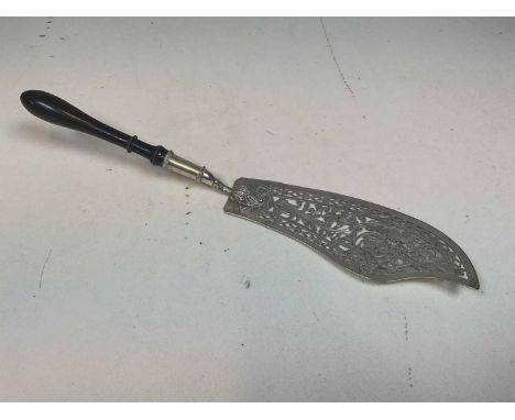 A 19th century Austro-Hungarian silver fish slice with pierced foliate detail to the blade, with turned ebonised handle, leng