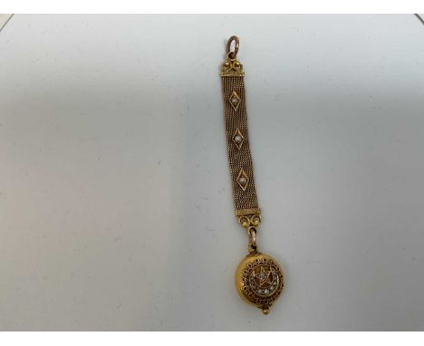A late Victorian yellow metal mesh and seed pearl applied panel, suspending a yellow metal filigree decorated and seed pearl 