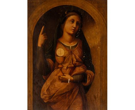 17TH CENTURY ITALIAN SCHOOL Ecclesia,  oil on panel 70 x 52 cm (27 1/2 x 20 1/2 in.)    LOT NOTESIn exegesis, the allegorical