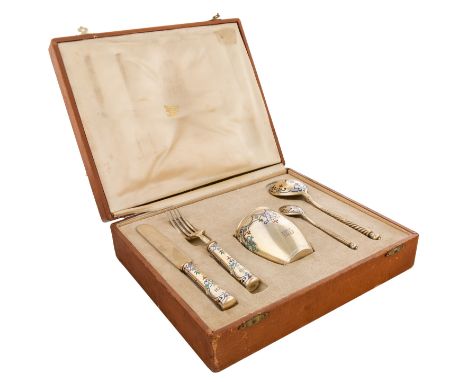 A RUSSIAN SILVER AND CHAMPLEVE ENAMEL PRESENTATION SET, MOSCOW, 1874 comprising:a) a butter knife with cylidrical handle engr
