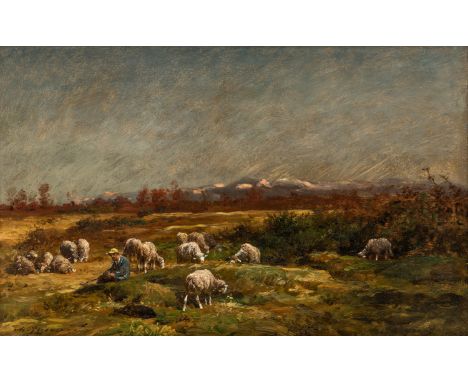 CHARLES-EMILE JACQUE (FRENCH 1813-1894) Shepherd with his Flock, oil on panel 30 x 45.5 cm (11 3/4 x 18 in.) signed lower lef