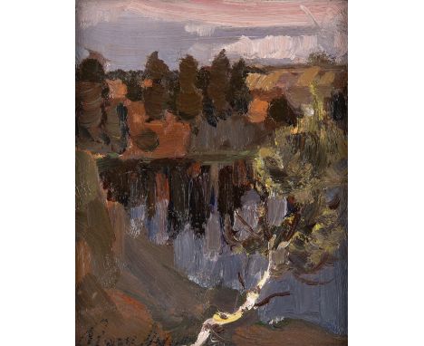 BORIS ANISFELD (RUSSIAN 1878-1973)  Lake with Birch Tree in the Foreground, 1905 oil on panel 19.3 x 15.5 cm (7 5/8 x 6 1/8 i