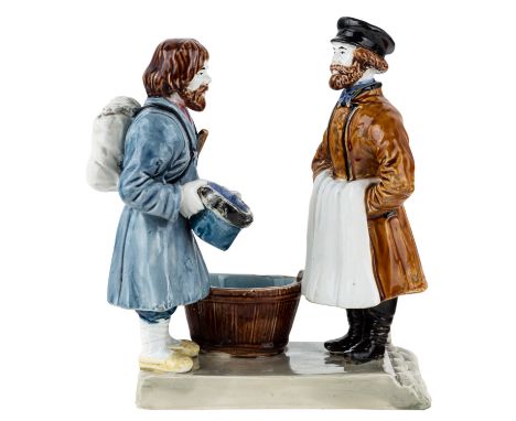 A RUSSIAN PORCELAIN FIGURAL GROUP OF A BEGGAR AND A BAKER, KUZNETSOV PORCELAIN FACTORY, LATE 19TH CENTURY realistically model