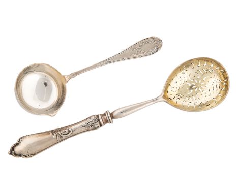 A PAIR OF FABERGE SILVER SPOONS, EARLY 20TH CENTURY comprising:a) an openwork silver spoon, the handles of baluster form, dec