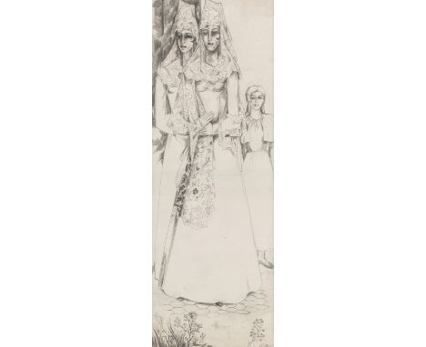 NATALIA SERGEEVNA GONCHAROVA (RUSSIAN 1881-1962) Two Spanish Girls, circa 1930 pencil on paper 45 x 16.3 cm (17 3/4 x 6 3/8 i
