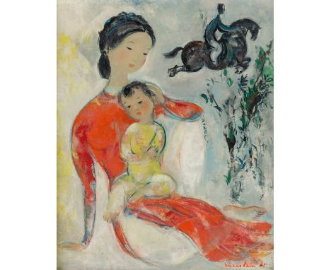 VU CAO DAM (VIETNAMESE-FRENCH 1908-2000) Mother and Child with Man on Horseback, 1955 oil on panel 48 x 38 cm (18 7/8 x 15 in
