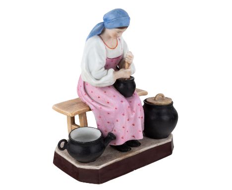 A RUSSIAN PORCELAIN FIGURE OF A PEASANT WOMAN COOKING, GARDNER PORCELAIN FACTORY, MOSCOW, LATE 19TH CENTURY realistically mod