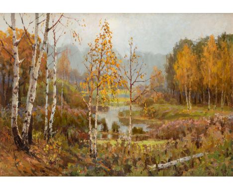 NIKOLAI STEPANOVICH SCHEPILOV (RUSSIAN B.1924) Late Autumn, 1973 oil on board 48.7 x 68.3 cm (19 1/8 x 26 7/8 in.) signed and