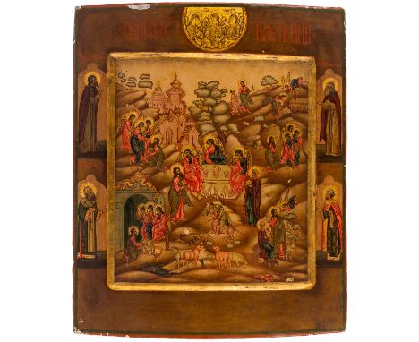 A RUSSIAN ICON OF THE HOSPITALITY OF ABRAHAM WITH SELECTED SAINTS, 19TH CENTURY depicting the Hospitality of Abraham and Sara