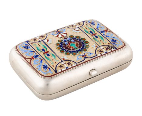 A RUSSIAN CHAMPLEVE ENAMEL SILVER CIGARETTE CASE, WORKMASTER GRIGORY ANDREEV, ST. PETERSBURG, CIRCA 1865 of rectangular shape