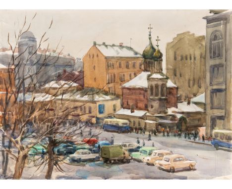 SOLOMON SAMSONOVICH BOIM (RUSSIAN 1899-1978) Along the Avenue, circa 1960 watercolor and pencil on paper 37 x 51 cm (14 5/8 x