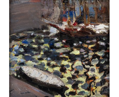 BORIS ANISFELD (RUSSIAN 1878-1973)  Boat at Water's Edge, 1905 oil on panel 19.5 x 20 cm (7 5/8 x 7 7/8 in.)  PROVENANCEColle