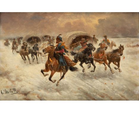 CONSTANTIN STOILOFF (RUSSIAN 1850-1924) In Pursuit,  oil on panel 30.7 x 47.3 cm (12 1/8 x 18 5/8 in.)  signed lower left  