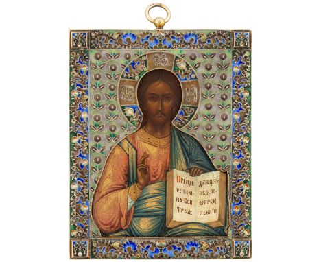 A FABERGE SILVER AND ENAMEL ICON OF CHRIST PANTOKTATOR, WORKMASTER KARL FABERGE, ST. PETERSBURG, 1908-1926 the figure of Chri