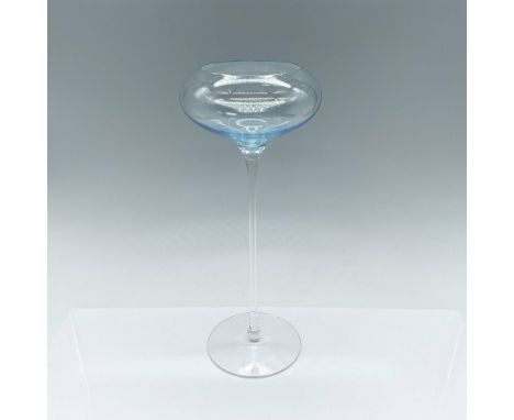 Whimsical tall candle holder with blue bowl and clear crystal stem. Orrefors sticker attached. This item has its original box