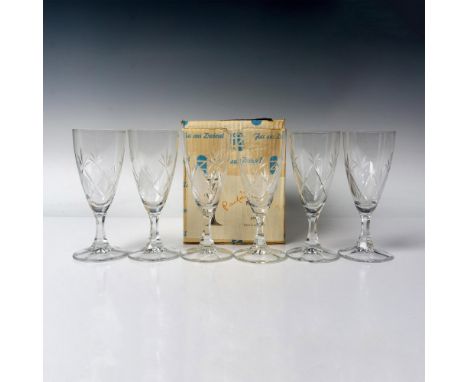 Six slim parfait glasses adorned with a diamond-cut pattern seamlessly intertwined with a leaf-like design, enhanced by disti