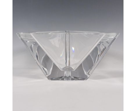 A clear smooth triangular prism shaped bowl. Orrefors marked on the underside. Artist: Martti RytkonenDimensions: 7.75"L x 6.