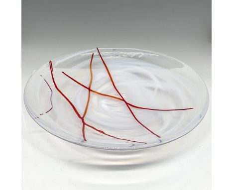 Abstract smoky white art glass bowl with red, orange and lavender lines against hazy blue wisp. Kosta Boda mark.7015148. This