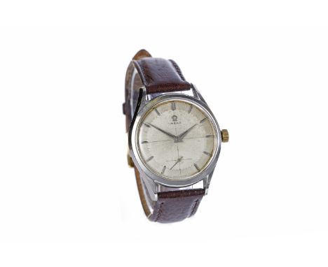 GENTLEMAN'S OMEGA STAINLESS STEEL MANUAL WIND WRIST WATCHc.1960, the round white dial with applied stainless steel arrow hour