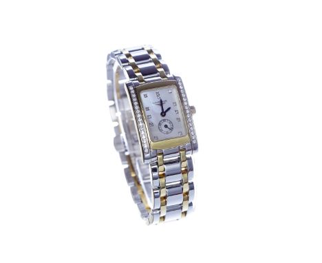 LADY'S LONGINES DOLCEVITA STAINLESS STEEL BI COLOUR DIAMOND SET QUARTZ WRIST WATCHthe rectangular mother of pearl dial with a