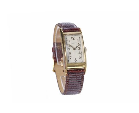 WALTHAM ART DECO GOLD PLATED MANUAL WIND WRIST WATCHthe rectangular dial with applied gold coloured Arabic numerals, outer se