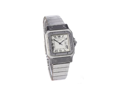 MID SIZE CARTIER SANTOS STAINLESS STEEL MANUAL WIND WRIST WATCHthe square dial with Roman numerals in black, date aperture at
